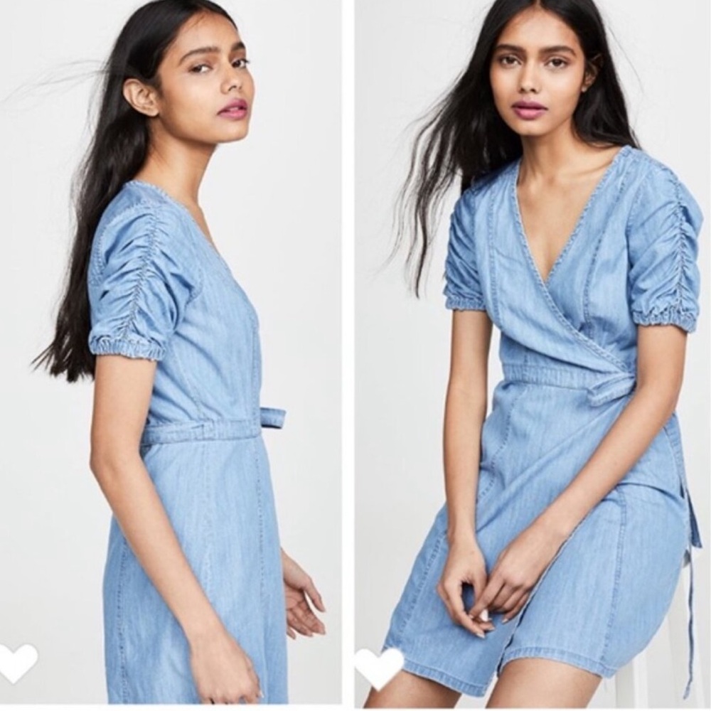 Madewell Elsworth Lt Denim Wrap Dress w/ Shirred Short Sleeves Size Medium NWT